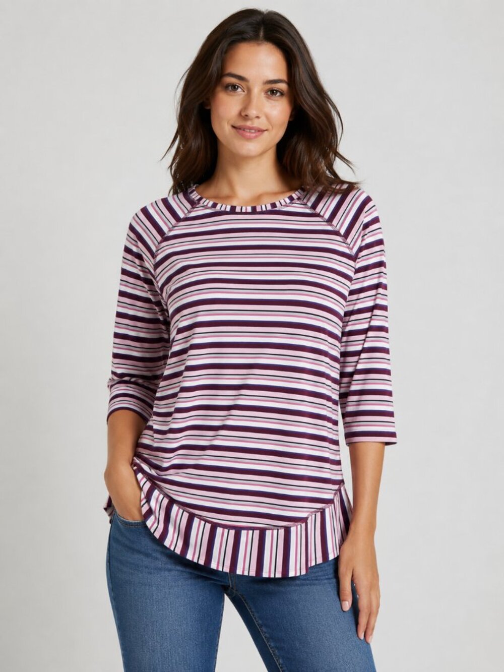 Striped Raglan Top Womens Large Purple Pink 3/4 Sleeve Casual Knit